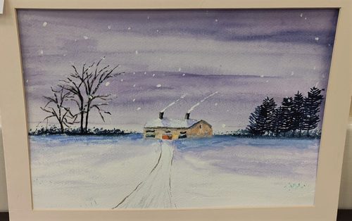 Jan, snowy landscape, watercolour.